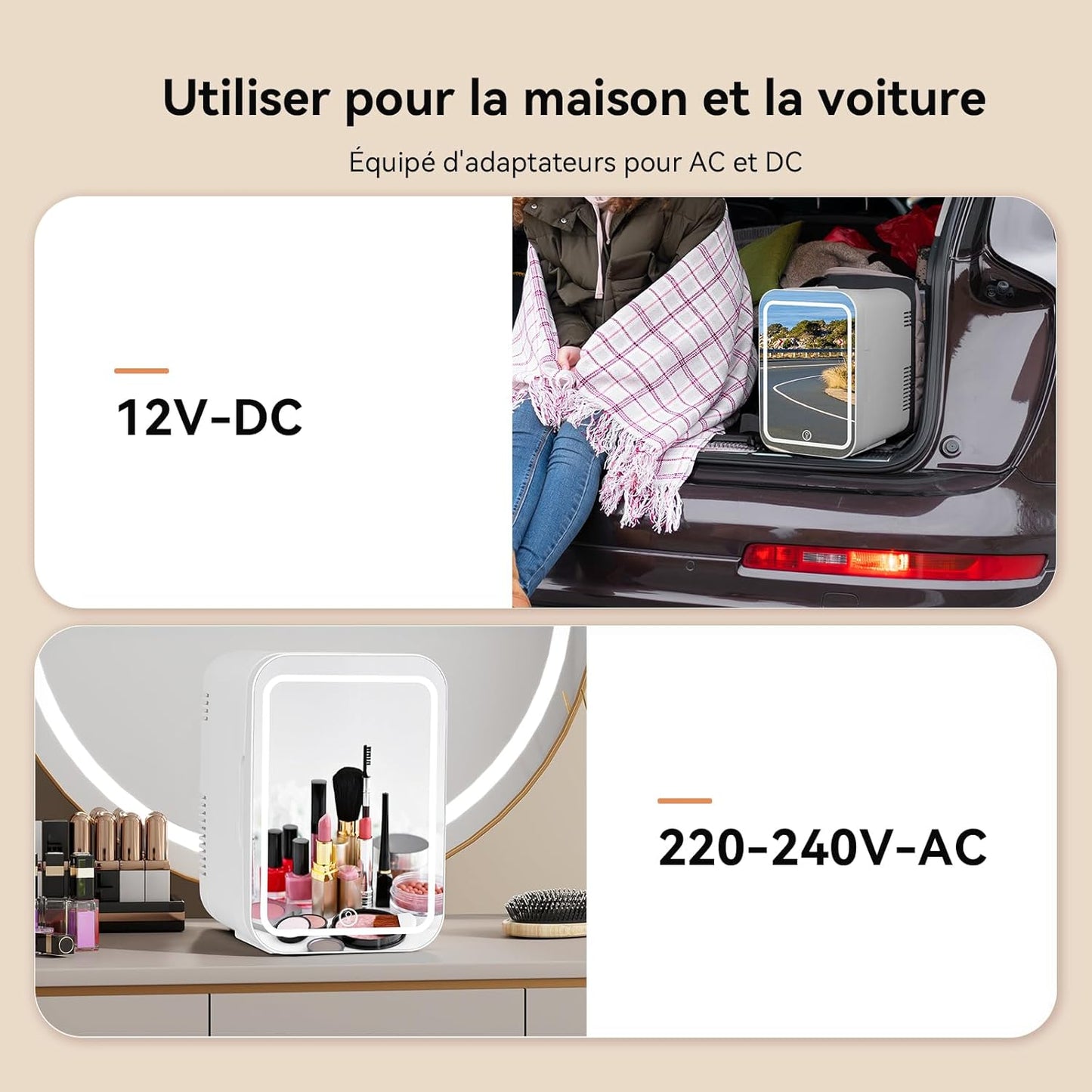 Mini Frigo Cosmétique 4L Avec Miroir LED, Frigo De Chambre Avec Fonction Chaud/Froid, Mini Réfrigérateur Portable, Petit Frigo Cosmétique 12V/220V, Miroir Maquillage Pour Voitures (Blanc)