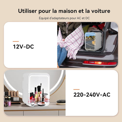 Mini Frigo Cosmétique 4L Avec Miroir LED, Frigo De Chambre Avec Fonction Chaud/Froid, Mini Réfrigérateur Portable, Petit Frigo Cosmétique 12V/220V, Miroir Maquillage Pour Voitures (Blanc)