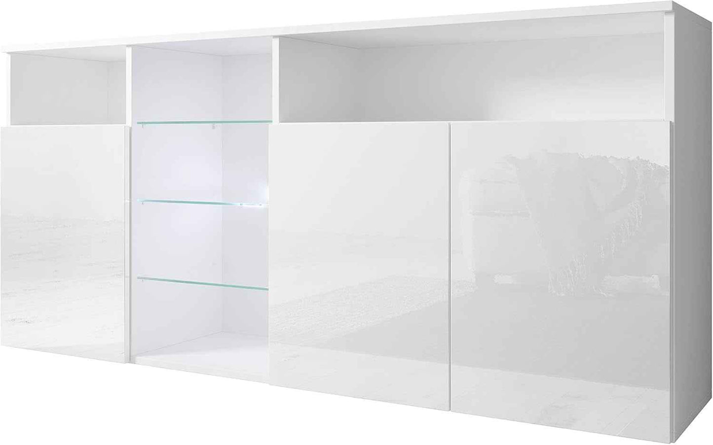 | Buffet Clark Avec Lumière LED Et 3 Portes Pour Salon Et Salle À Manger | Meuble Moderne En Mélamine Brillante | Couleur Blanc | 150X72X35 Cm