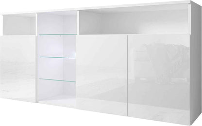 | Buffet Clark Avec Lumière LED Et 3 Portes Pour Salon Et Salle À Manger | Meuble Moderne En Mélamine Brillante | Couleur Blanc | 150X72X35 Cm