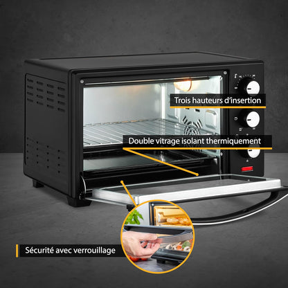 TZS First Austria Mini Four Electrique 20L, Four À Convection 1380W, Avec Minuteur 0-60 Min, Grille Et Plaque De Four, Double Vitrage, Rôtissoire, Max 230°C, Noir