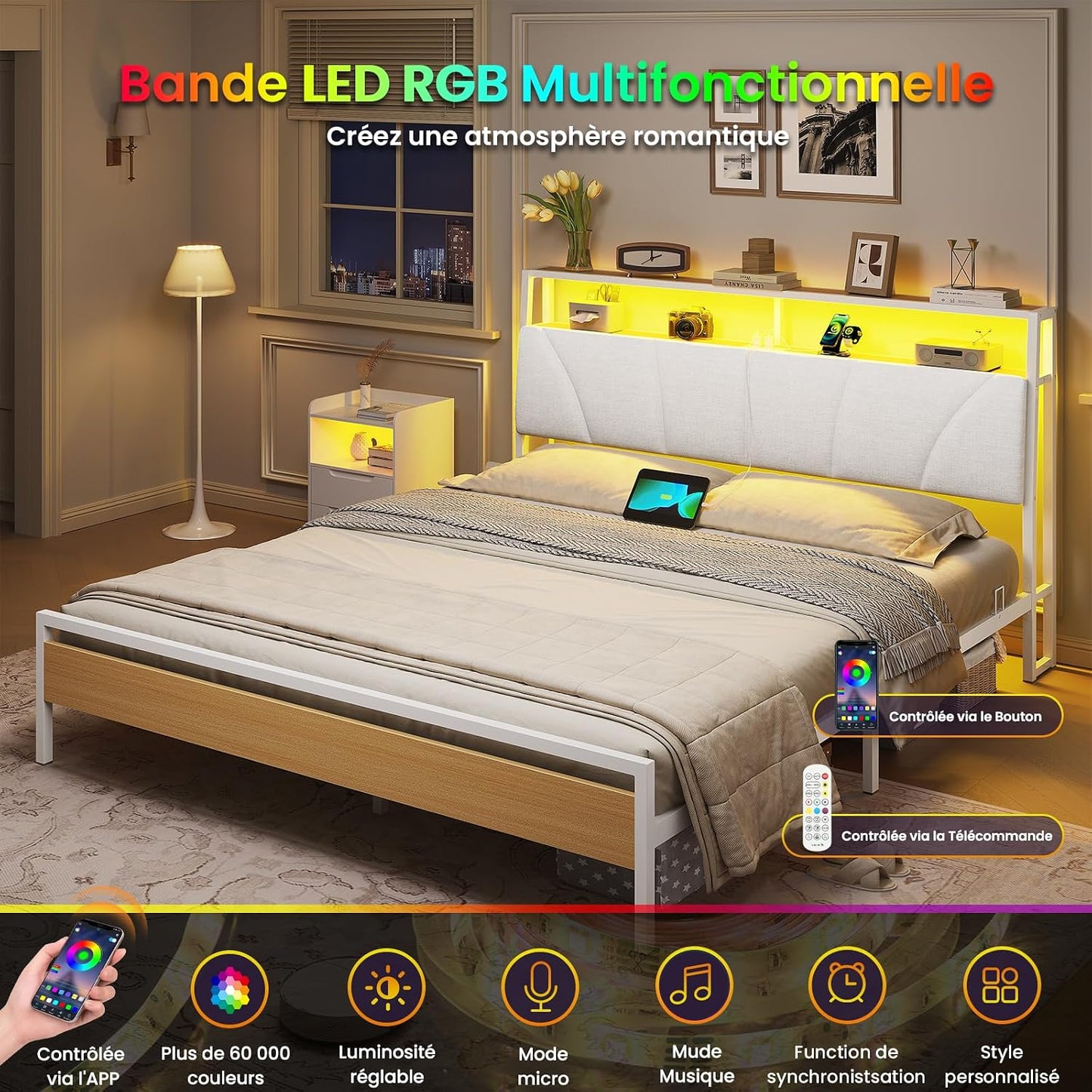 Lit 180X200 Avec Sommier Métal, Cadre De Lit 180X200 Cm Avec Lumières LED Et Multiprise (2 Prises AC, 2 Ports USB) Lit 2 Personnes Avec Tête De Lit Rembourrée Et Rangement, Moderne, Blanc