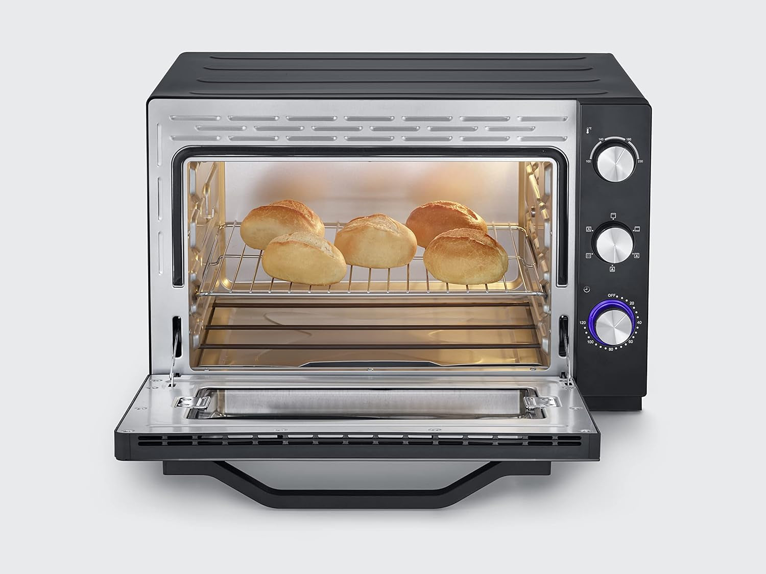 Four Posable XXL À Chaleur Tournante 60 L Avec Pierre À Pizza Et Tournebroche 2 200 W Design Simple Et Élégant, Four Électrique Avec Minuteur 120 Min, Noir/Inox, to 2073