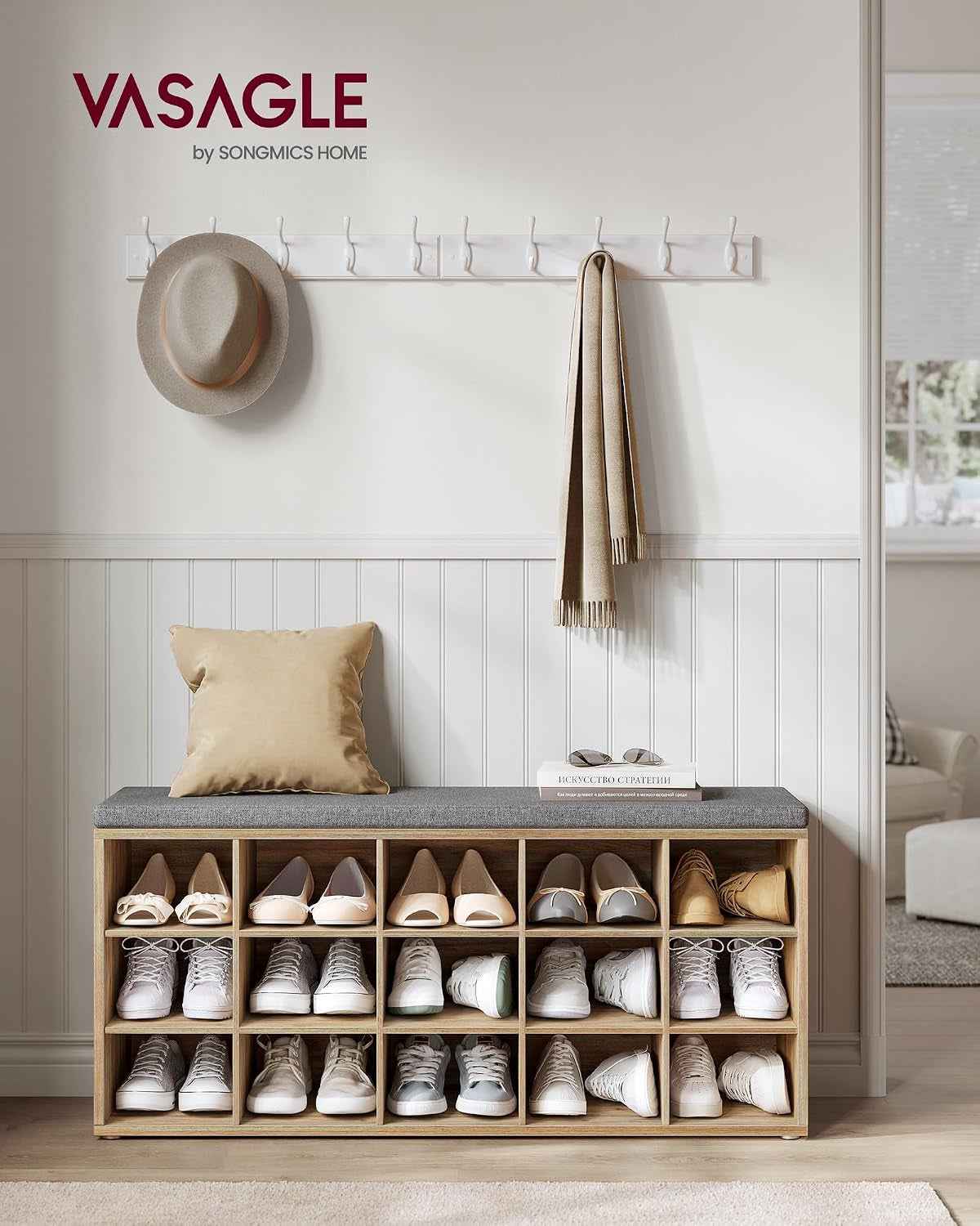 Banc À Chaussures, Organiseur De Chaussures Avec 15 Compartiments, Siège Rembourré, Pour Entrée, Couloir, Placard, Marron Turquoise Et Gris Tourterelle LHS015T60