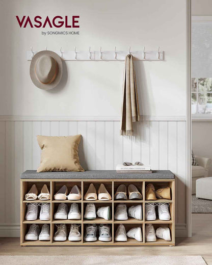 Banc À Chaussures, Organiseur De Chaussures Avec 15 Compartiments, Siège Rembourré, Pour Entrée, Couloir, Placard, Marron Turquoise Et Gris Tourterelle LHS015T60