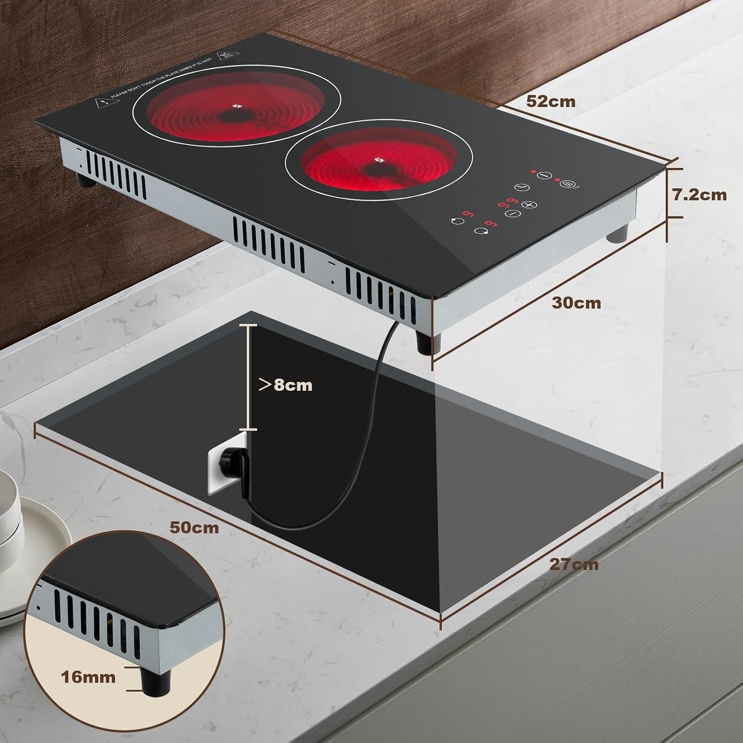 Plaque Vitrocéramique 2 Feux, Plaque De Cuisson Electrique 30Cm, Electrique Plaque Encastrable, Commande Tactile, 3000W 9 Niveaux De Puissance, Minuterie 1-99 Min, Pour Toutes Les Casseroles