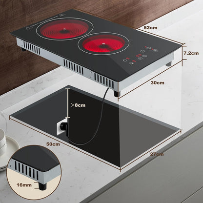 Plaque Vitrocéramique 2 Feux, Plaque De Cuisson Electrique 30Cm, Electrique Plaque Encastrable, Commande Tactile, 3000W 9 Niveaux De Puissance, Minuterie 1-99 Min, Pour Toutes Les Casseroles