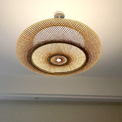 E27 Suspension Rétro Lampes Suspendues Bambou Lustre Naturel Pendentif Lumière Vintage Tressé Abat-Jour Rotin Hauteur Réglable Éclairage Salon Café Plafonnier,60Cm