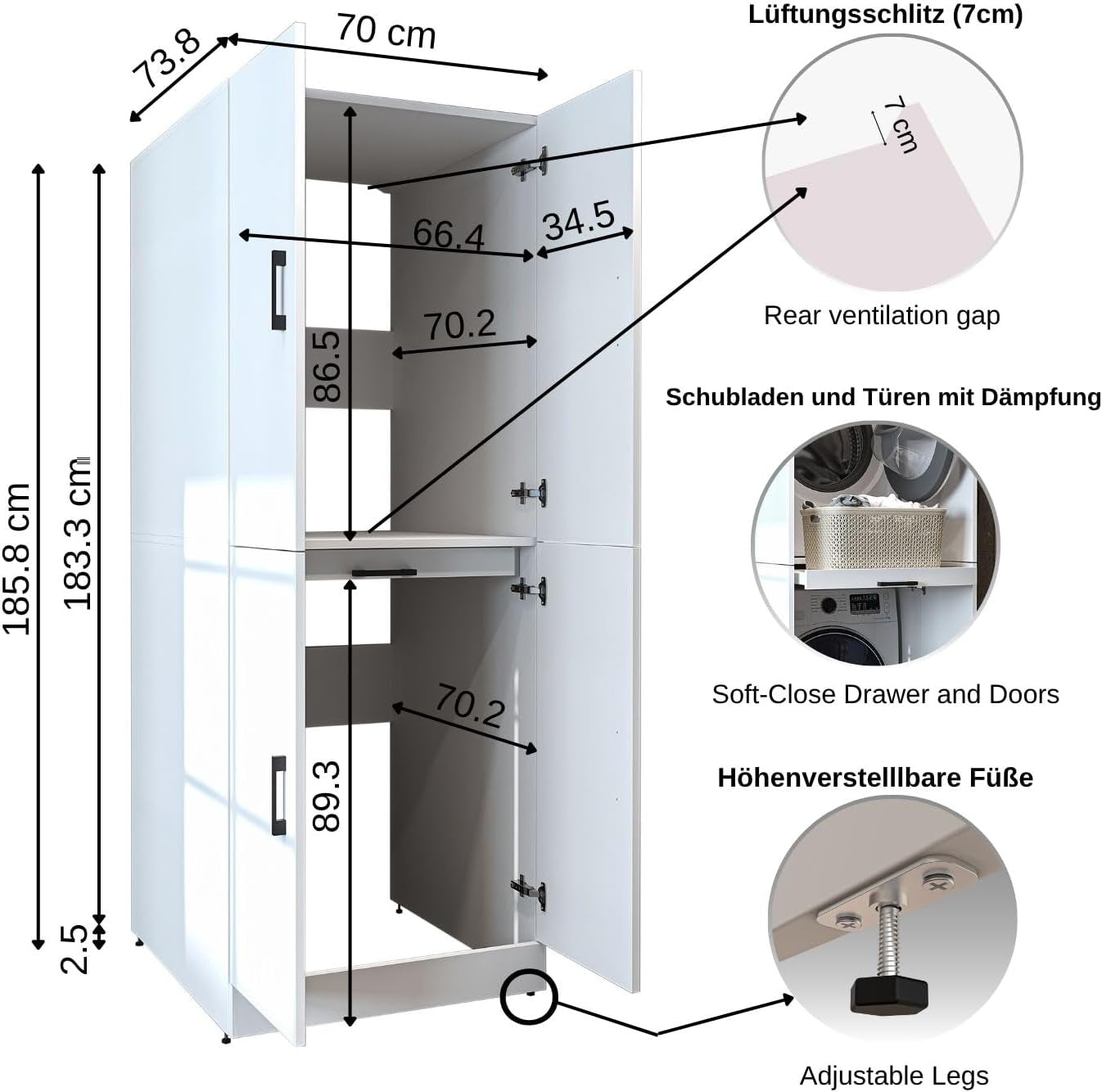 Dora - Armoire De Machine À Laver - Pour Sèche-Linge Et Machine À Laver - En 4 Couleurs - Avec Portes Et Panneau Coulissant - Blanc - Chêne