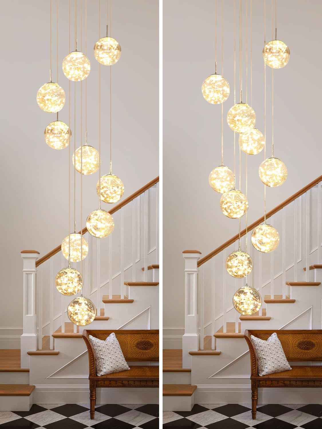 200CM Lustre Lampe Boule De Verre 10 LED, Pendentif Lumière LED D'Escalier, 50W Suspensions Long Étoilé Pendant Light, Plafonniers Modernes Pour Villas, Escaliers Et Salons