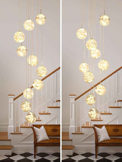 200CM Lustre Lampe Boule De Verre 10 LED, Pendentif Lumière LED D'Escalier, 50W Suspensions Long Étoilé Pendant Light, Plafonniers Modernes Pour Villas, Escaliers Et Salons