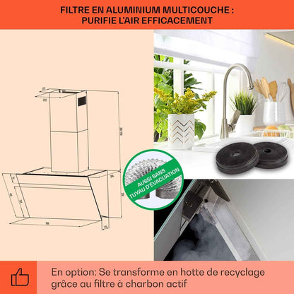 Hotte Aspirante 90Cm, Hottes De Cuisine, Filtre De Hotte À Graisse En Aluminium, Débit D'Air Puissant 514 M³/H Et Silencieux, Eclairage LED, Hottes Aspirantes Dégraissante, Wi-Fi, Class A++