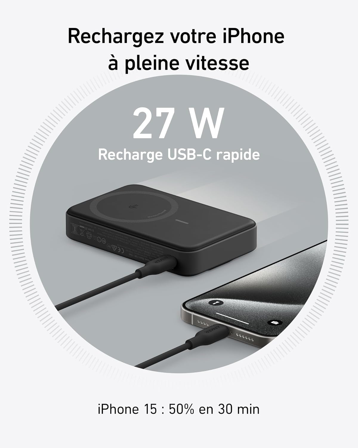 Maggo Qi2 Batterie Externe Magnétique 10000 Mah 15W | Compatible Magsafe, Pour Iphone 17/16/15/14 Air Plus/Pro/Max, Chargeur USB C Rapide (Câble USB C Inclus)