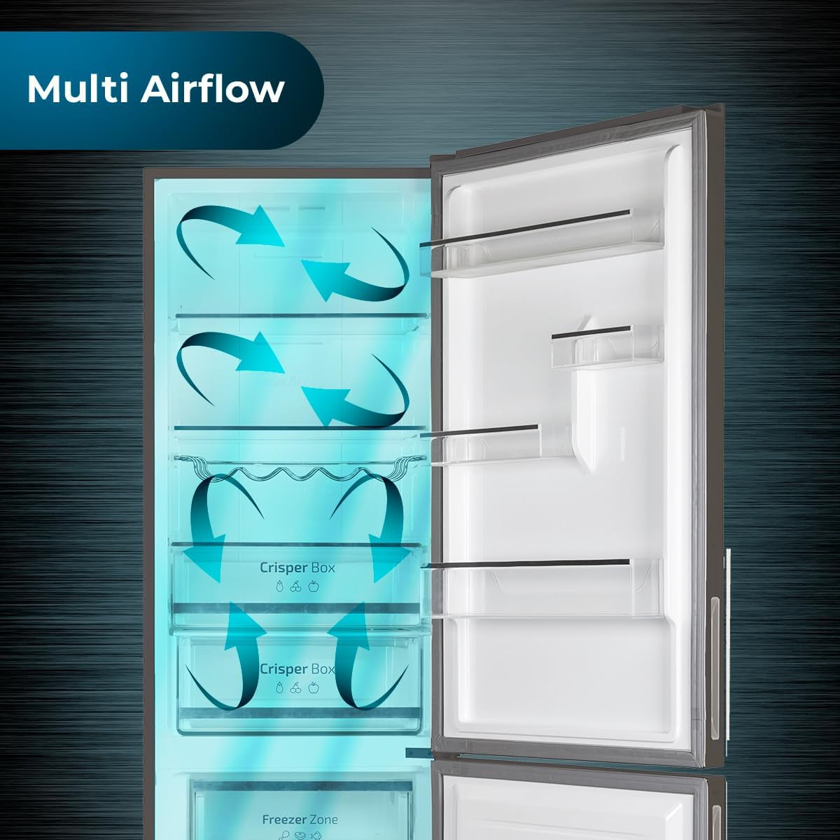 Réfrigérateur Bolero Coolmarket Combi 322 Glass Grey D. Multi Airflow, Total No Frost, Humidity Box, Crisper Box, Mode Vacances, Mode Économie, Porte Réversible, Fast Freezing, Fast Cooling