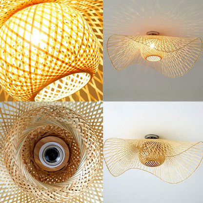 Rétro Lustres Lumière Naturelle De Bambou Et Plafonnier Rotin Vintage E27 Éclairage Plafond Tissées Main Pour Manger Chambre Salon Bar Café Pendentif Cuisine Lampe Suspendue Couloir Suspension,75Cm