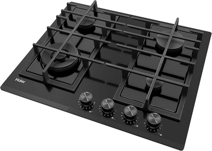 Series 4, HAVG6BF4HB, Four À Gaz En Verre 4 Feux, 60 Cm, Biseauté, Preci Flame, Grilles En Fonte, Commandes Avant Noires, 9650 W, Noir 51X59,5Cm