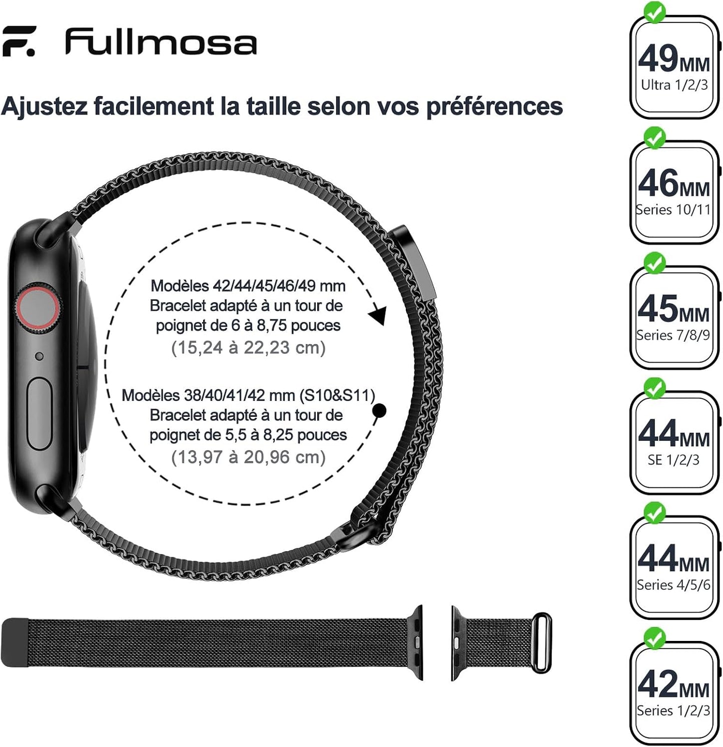 Bracelet En Milanais Pour Apple Watch 49/46/44/45/42Mm | Compatible Avec Iwatch Ultra3/2/1 SE3/2/1 Series 11 10 9 8 7 6 5 4 3 2 1, Fermoir Magnétique, Pour Femme Homme, Noir
