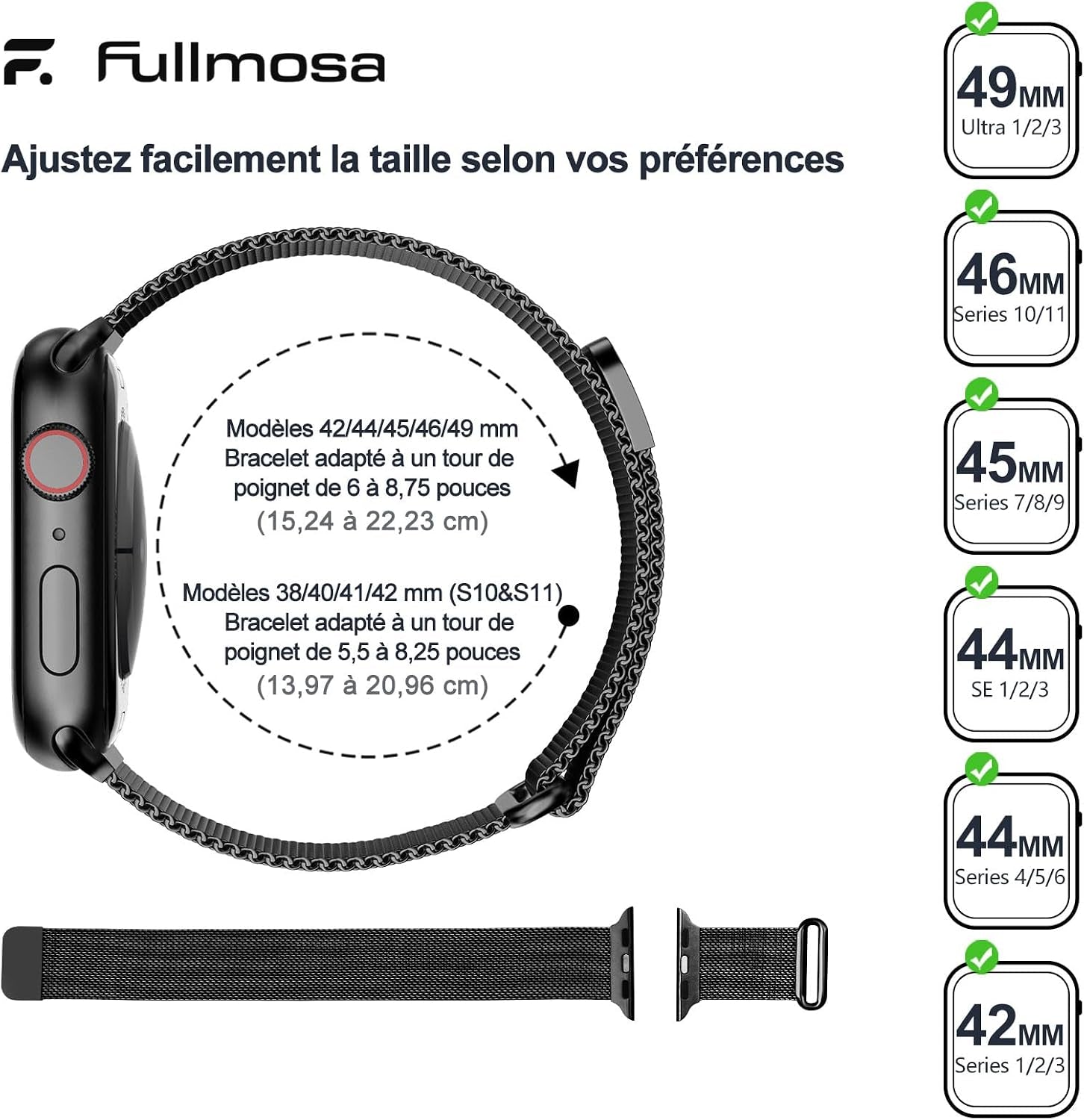 Bracelet En Milanais Pour Apple Watch 49/46/44/45/42Mm | Compatible Avec Iwatch Ultra3/2/1 SE3/2/1 Series 11 10 9 8 7 6 5 4 3 2 1, Fermoir Magnétique, Pour Femme Homme, Noir