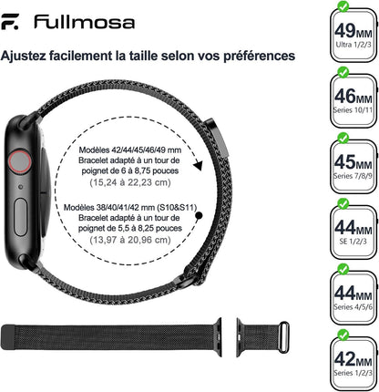 Bracelet En Milanais Pour Apple Watch 49/46/44/45/42Mm | Compatible Avec Iwatch Ultra3/2/1 SE3/2/1 Series 11 10 9 8 7 6 5 4 3 2 1, Fermoir Magnétique, Pour Femme Homme, Noir