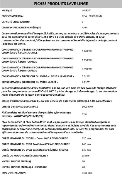 INDESIT BTWL60300EUN Charge Supérieure Blanc