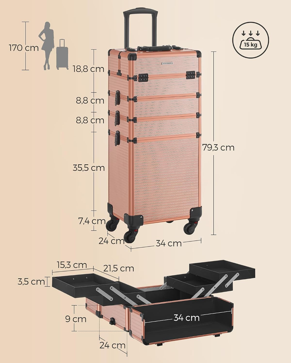 Valise De Maquillage Professionnel 4-En-1, Mallette Cosmétique, XXL, 34 X 24 X 79,3 Cm, Verrouillable, Roulettes À 360°, Pour Voyages, Manucure, Maquilleur, Coiffure, Doré Champagne JHZ015A01