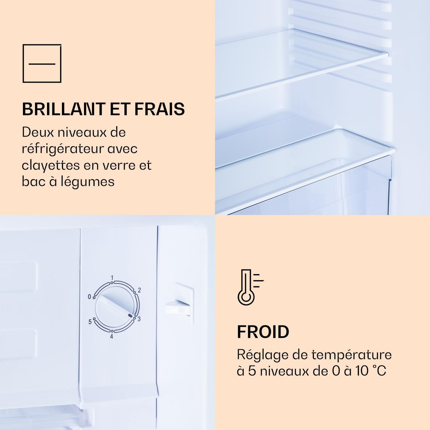 Coolart - Combiné Réfrigérateur-Congélateur, Réfrigérateur Avec 2 Niveaux De Refroidissement, Façade Design, Thermostat Avec 5 Niveaux, 0 À 10 ° C, Capacité 79 Litres - Design Pastel