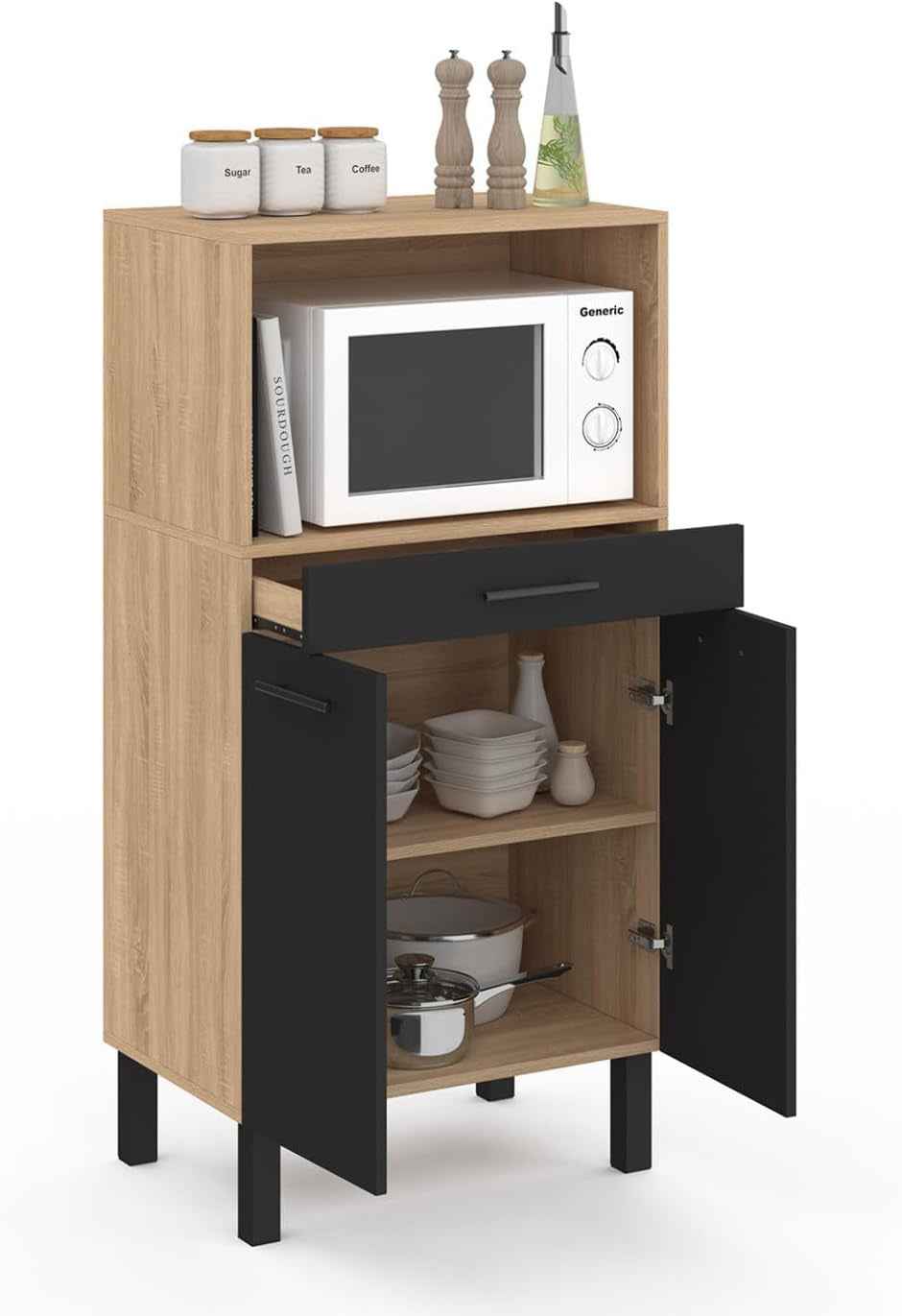 - Buffet Mi-Haut De Cuisine 60 Cm CINA Façon Hêtre Et Noir | Avec 1 Tiroir 2 Portes, Pour Micro-Onde