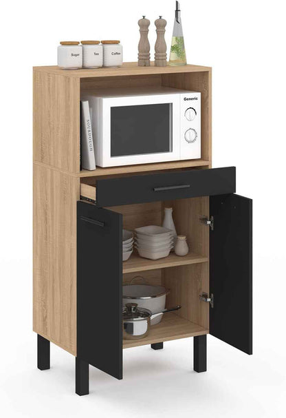 - Buffet Mi-Haut De Cuisine 60 Cm CINA Façon Hêtre Et Noir | Avec 1 Tiroir 2 Portes, Pour Micro-Onde