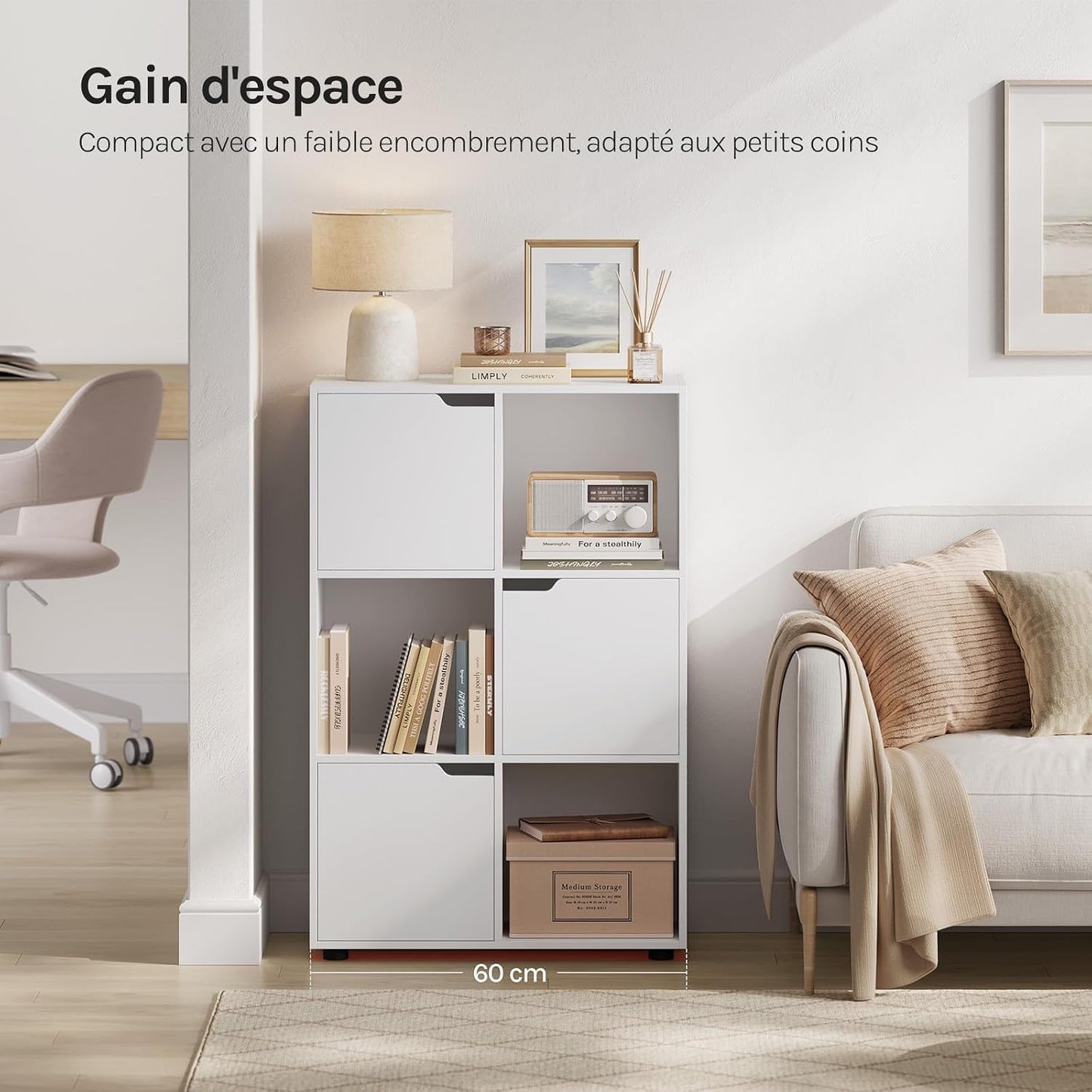 Bibliothèque Étagère De Rangement, Meuble Cube 59,6X29X91Cm | En MDF Pour Salon Bureau Avec 3 Portes 6 Compartiments, Blanc