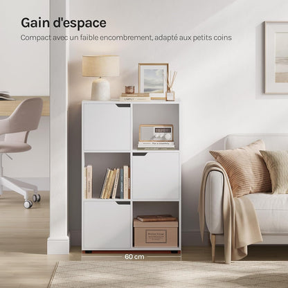 Bibliothèque Étagère De Rangement, Meuble Cube 59,6X29X91Cm | En MDF Pour Salon Bureau Avec 3 Portes 6 Compartiments, Blanc