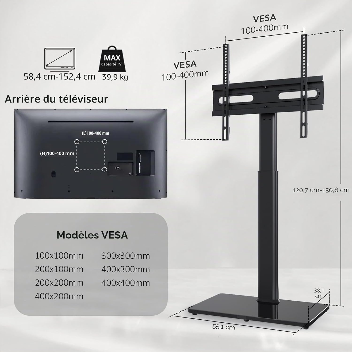 Support TV Au Sol Pour Téléviseurs 32-65 Pouces Jusqu'À 35 Kg Avec Inclinaison, Support TV Sur Pied Avec Pivotement À 70 Degrés, Max VESA 400X400Mm