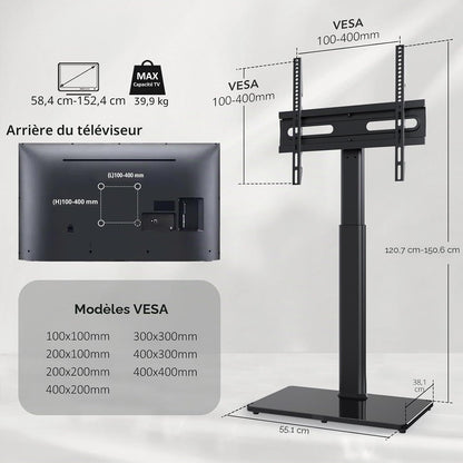 Support TV Au Sol Pour Téléviseurs 32-65 Pouces Jusqu'À 35 Kg Avec Inclinaison, Support TV Sur Pied Avec Pivotement À 70 Degrés, Max VESA 400X400Mm