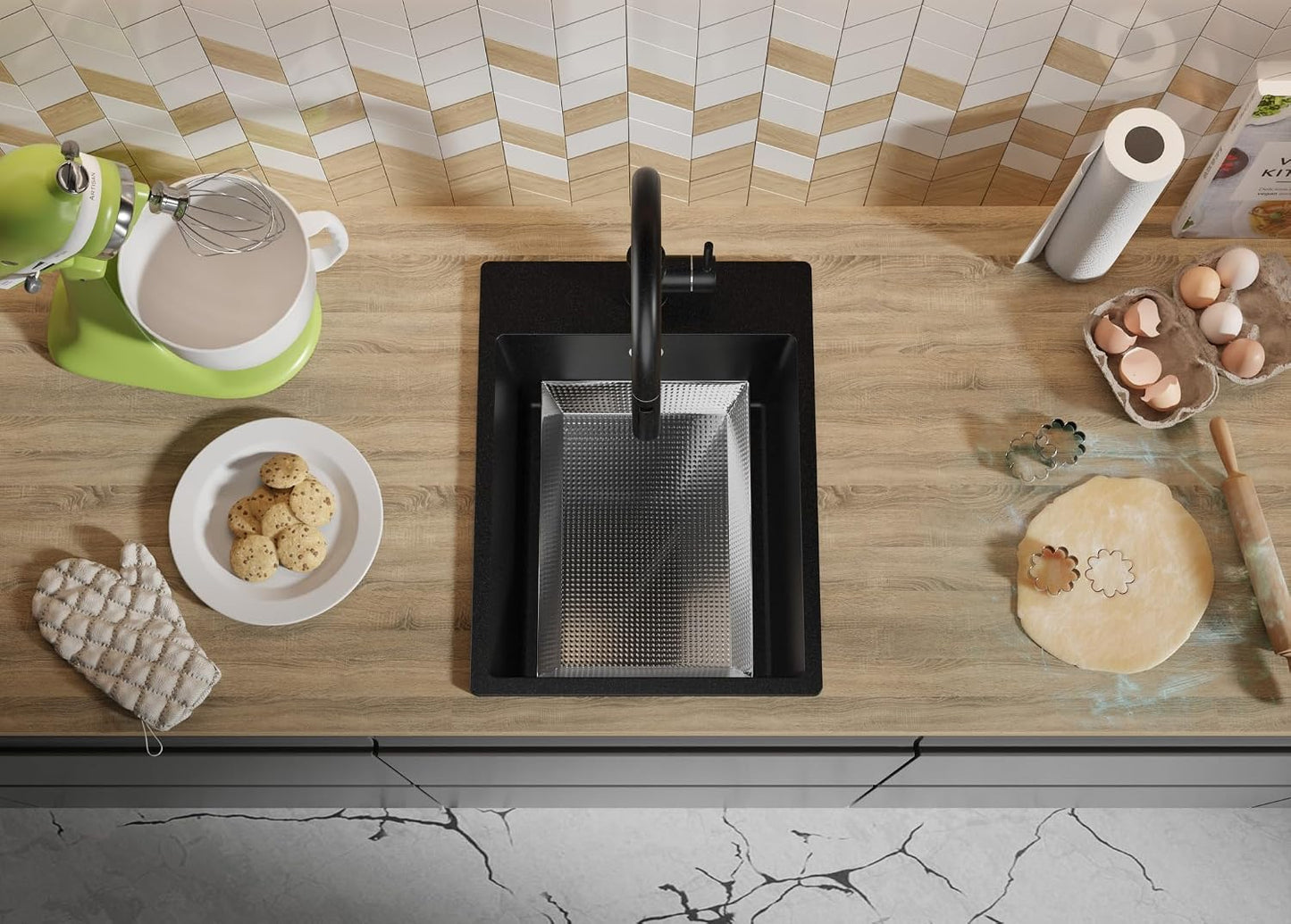Evier Cuisine En Granit Noir - Riga, 38X50Cm | Lavabo 1 Bac + Kit De Vidage, Évier À Encastrer Au Meuble 40Cm (S035)