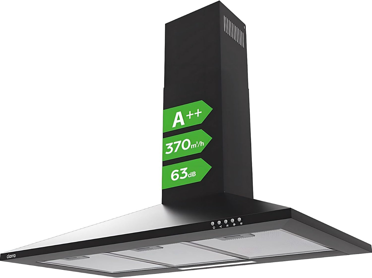 ASB9201 Hotte Murale 90 Cm Noire 370 M³/H Classe A++ | 3 Vitesses - 63 Db - Mode Recyclage Ou Évacuation - Filtres À Charbon CBCF002X2 Inclus - Design Pyramidal