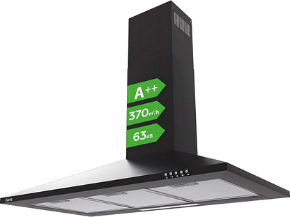 ASB9201 Hotte Murale 90 Cm Noire 370 M³/H Classe A++ | 3 Vitesses - 63 Db - Mode Recyclage Ou Évacuation - Filtres À Charbon CBCF002X2 Inclus - Design Pyramidal