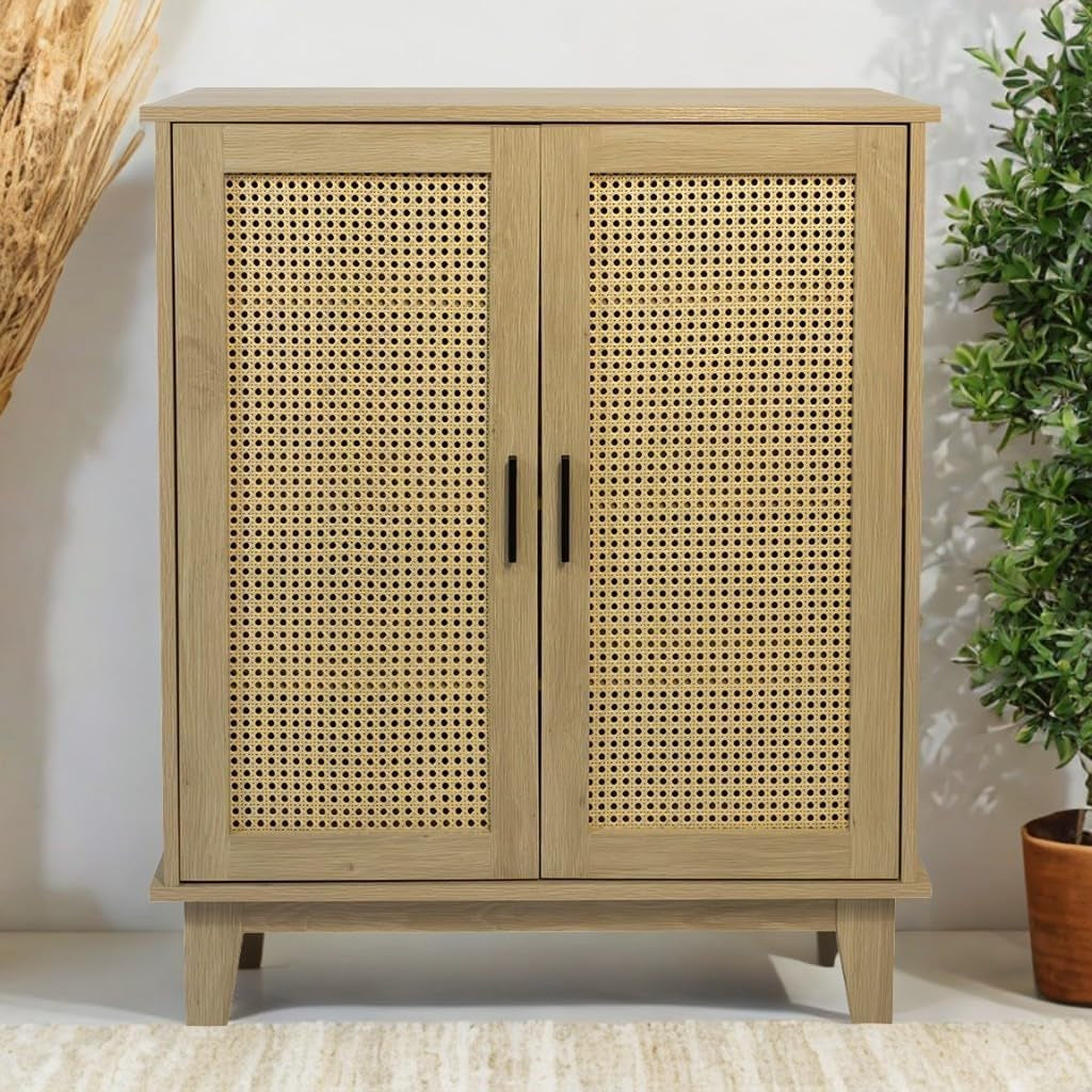 - Buffet - 80 X 34 X 96Cm - Cannage, Bois - 2 Portes - Rangement Élégant Et Pratique - Salon, Salle À Manger, Cuisine - Style Naturel Et Bohème