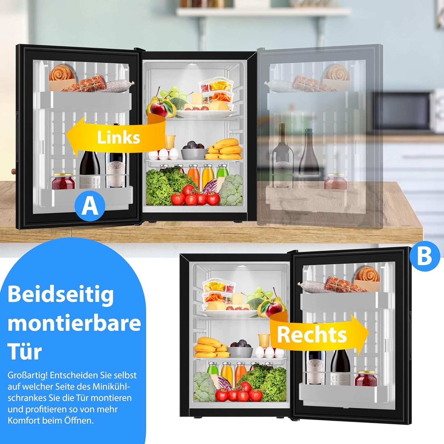 KESSER® Mini Réfrigérateur Avec Façade En Verre, Capacité Utile De 40 L, Silencieux, 22 Db, Verrouillable, Chambre À Coucher, Butée De Porte Interchangeable, Env. 6 À 12 °C, Hauteur 57 Cm, Éclairage