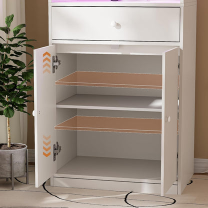 Meuble Micro-Ondes Buffet Avec Prise Armoire De Cuisine Avec 1 Tiroir 1 Grand Casier Et Bandeau Lumineux LED Meuble Buffet 60X40X123Cm Pour Salle À Manger, Cuisine, Salon Blanc