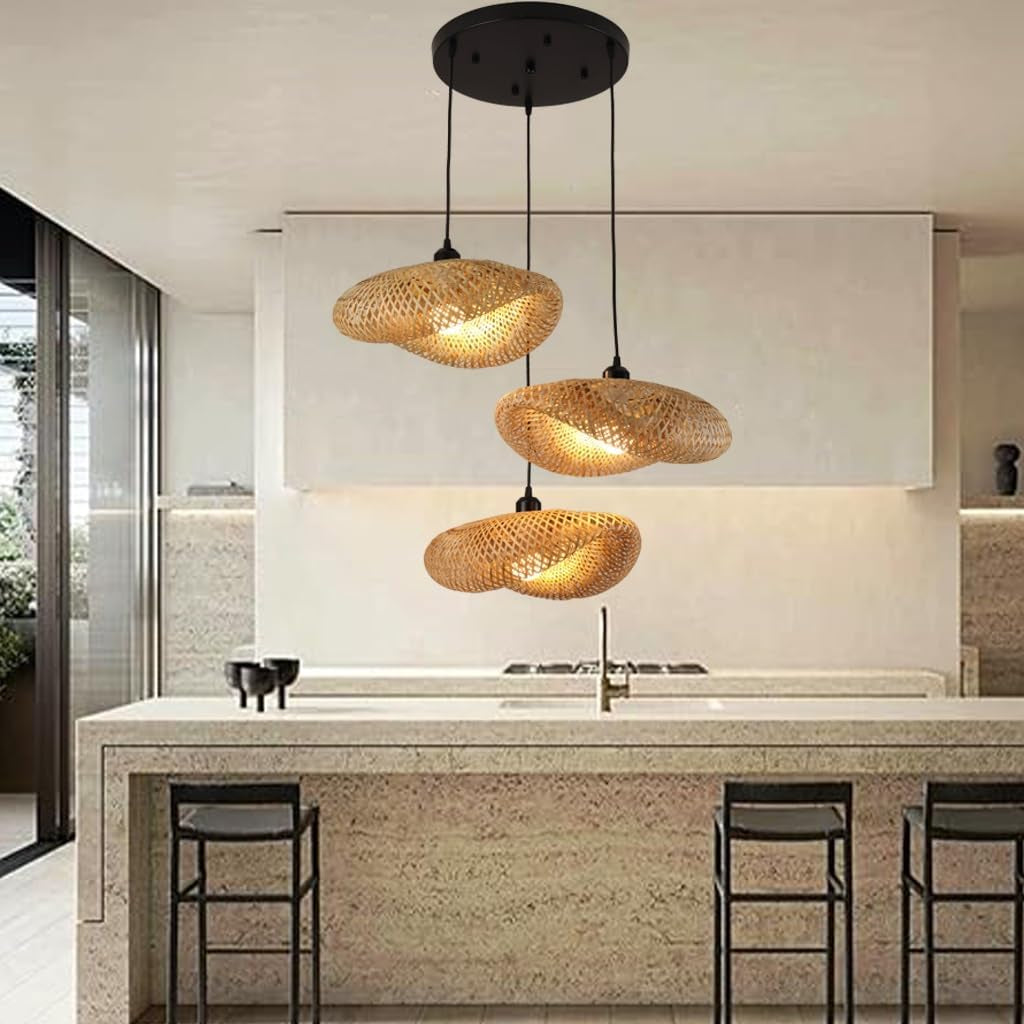 Luminaire Plafonnier Rétro Boho 3 Lumières Lustre Abat-Jour En Rotin Naturel Lampe Suspendue E27 Suspension Luminaire Suspendu Avec Abat-Jour En Osier Pour Cuisine Salon Café Luminaire En Rotin
