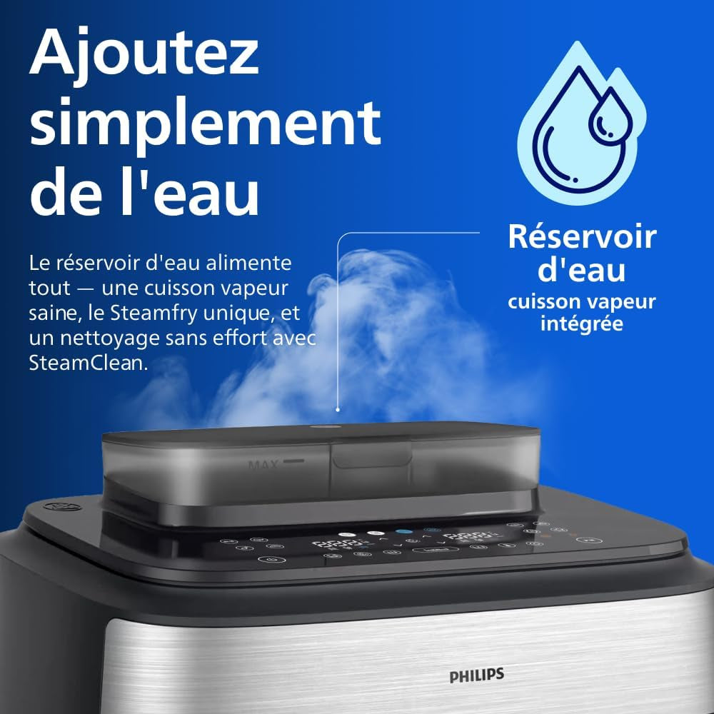 Airfryer 5000 - Air Fryer Panier Flexible 9.5L, Cuisson Vapeur | Megabasket 9.5L Ou 3+6L, Séparateur Amovible, 28 Modes,Technologie Rapidair & Steamfry, Auto Steamclean, Inox (NA565/00)