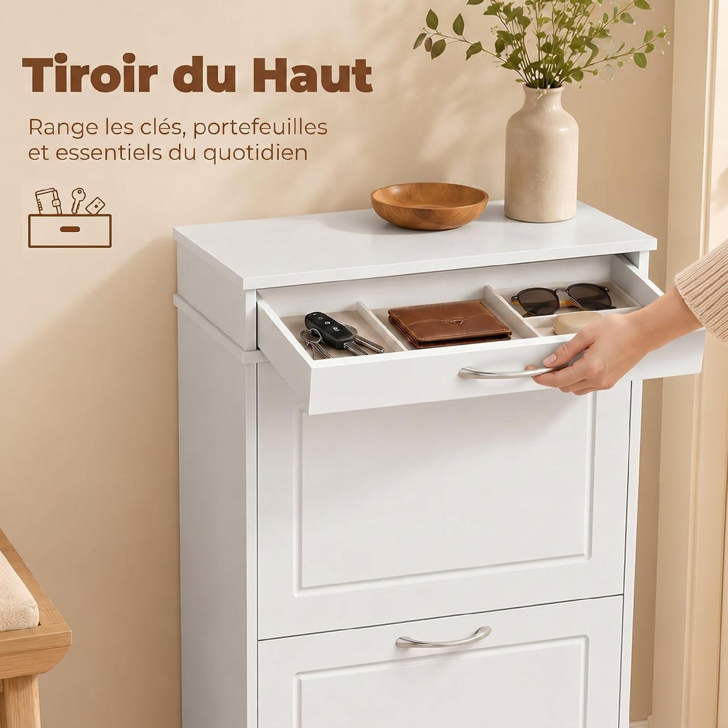 Meuble Chaussure 8 Paires Étroit, Tiroir 53 X 26,5 X 89 Cm Blanc | Armoire À Chaussures, 2 Portes Abattants, Étagère Réglable, Meuble D'Entrée Et Couloir