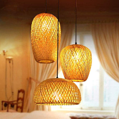 Lustre Industriel 3 Lampes Suspendue Bambou Tissé À La Main Lampe Vintage Pendentif Rotin Lampe À Suspension Abat-Jour En Osier Naturel Luminaire Plafonnier E27 Pour Chambre Salon Cuisine Salle
