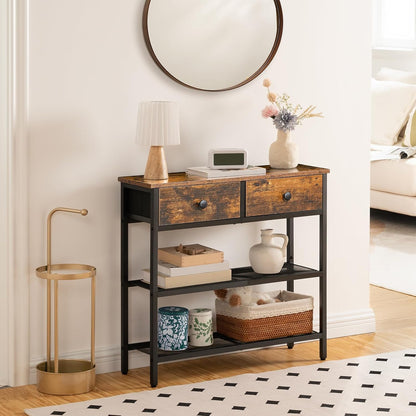 Console Meuble, 75 Cm Table Console, D'Entrée Avec 2 Tiroirs En Tissu, Table D’Appoint, Bout De Canapé, Pour Entrée, Salon, Style Industriel, Marron Rustique Et Noir EBF72XG01