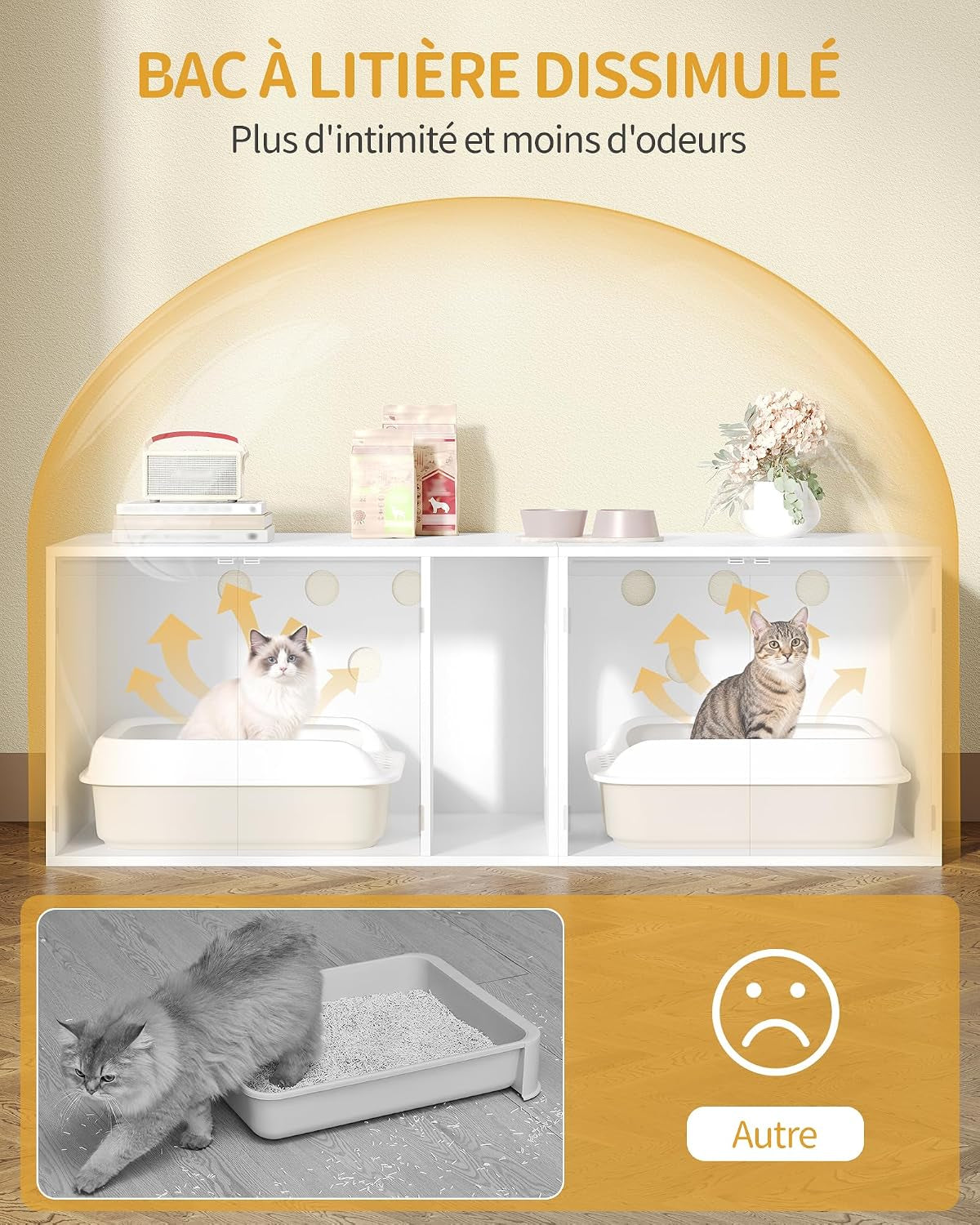 Meuble Litiere Pour 2 Chats, 100Cm Maison De Toilette Chat, Blanc | Maison Cachée Pour Chat Avec Chambres Doubles, 140 X 48 X 48 Cm, Pour Cacher Plupart Des Bacs À Litière Pour Chats, CB65603X
