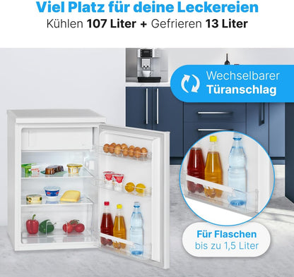 Bomann Réfrigérateur Avec Petit Congélateur 120L Blanc Ks2184-1-Blanc, Capacité Utile : 120 Litres, Réglage De La Température En Continu, Charnière De Porte À Droite, Interchangeable, Pieds Réglables