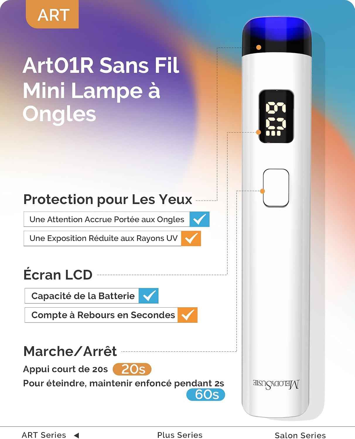 Lampe UV Ongles Gel ART01R Mini Lampe UV Pour Voyage & Retouche | Sans Fil, Rechargeable, Modes Minuterie 20S/60S, Séchage Rapide, Affichage LED, Petite Lampe UV Pour Vernis À Ongles Gel