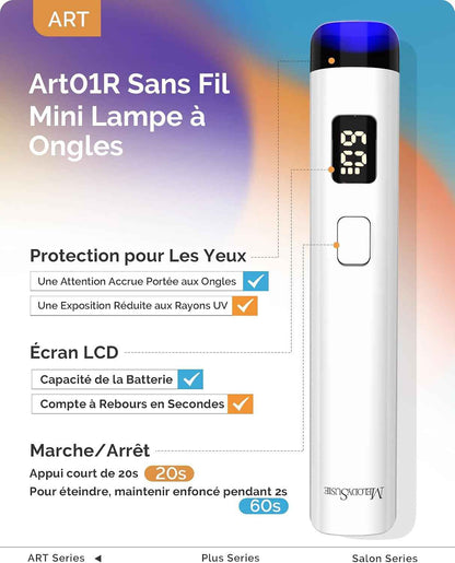 Lampe UV Ongles Gel ART01R Mini Lampe UV Pour Voyage & Retouche | Sans Fil, Rechargeable, Modes Minuterie 20S/60S, Séchage Rapide, Affichage LED, Petite Lampe UV Pour Vernis À Ongles Gel