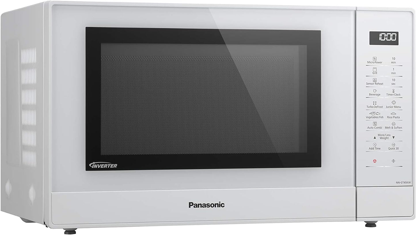 NN-GT45KWSUG Four Micro-Ondes Gril Et Plateau Tournant En Verre, 31L, 1000W, Technologie Inverter, 24 Programmes Auto, Décongélation, 7 Niveaux De Puissance, Minuterie, Affichage LED, Blanc