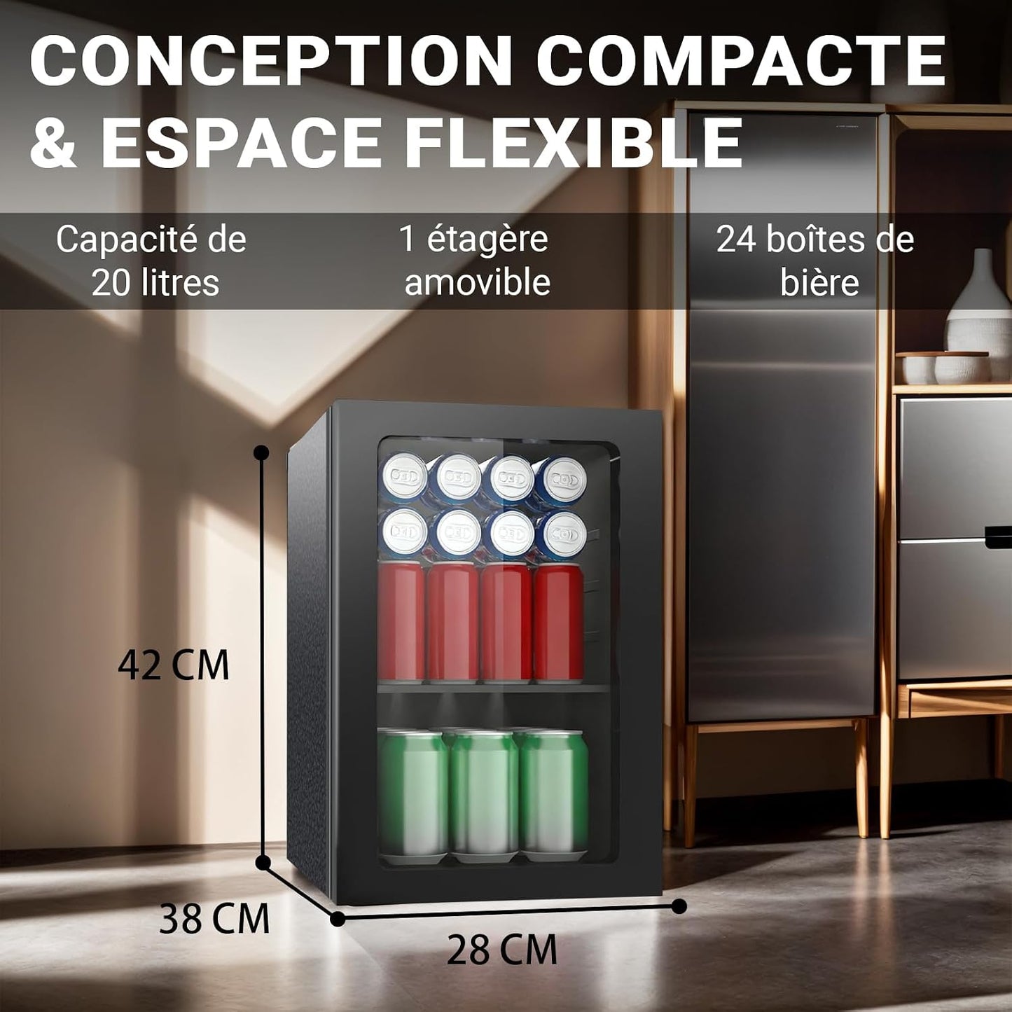 Réfrigérateur De Boissons, 24 Canettes/20 Litres, Mini Réfrigérateur Avec Porte En Transparent Pour Limonade, Bière Ou Vin, Plan De Travail, Réfrigérateur Avec Étagères Amovibles Réglables