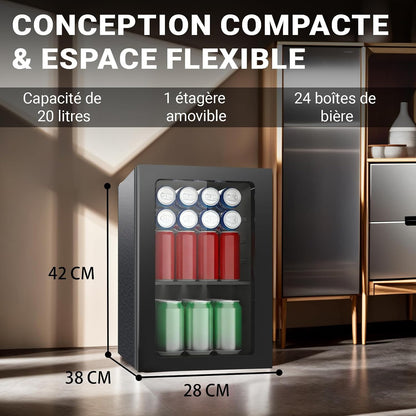 Réfrigérateur De Boissons, 24 Canettes/20 Litres, Mini Réfrigérateur Avec Porte En Transparent Pour Limonade, Bière Ou Vin, Plan De Travail, Réfrigérateur Avec Étagères Amovibles Réglables